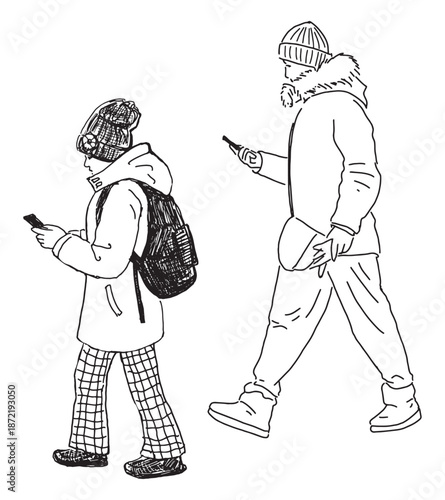 Two casual city pedestrians, schoolgirl, man, walking outdoors, looking at  smartphones, profile view, outline hand drawn vector illustration