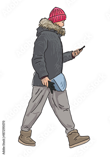One casual citizen in jacket walking outdoors, looking at  smartphone, profile view, hand drawn vector illustration