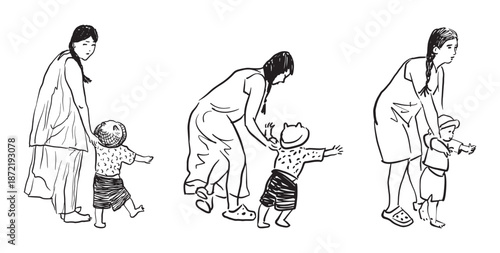 Young mother with little child barefoot walking on beach, realistic sketches, outline vector illustration isolated on white