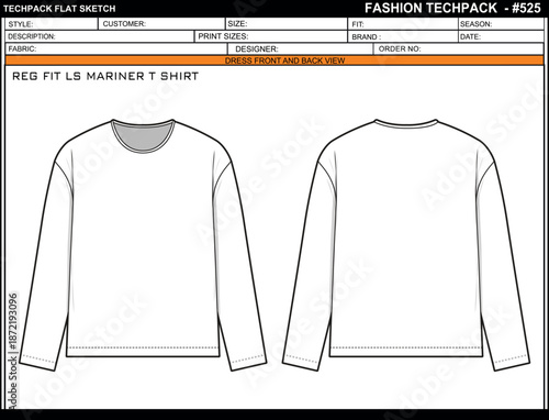 REG FIT LS MARINER T SHIRT EASY EDITABLE EMPTY TECHPACK LAYOUT TEMPLATE DESIGN