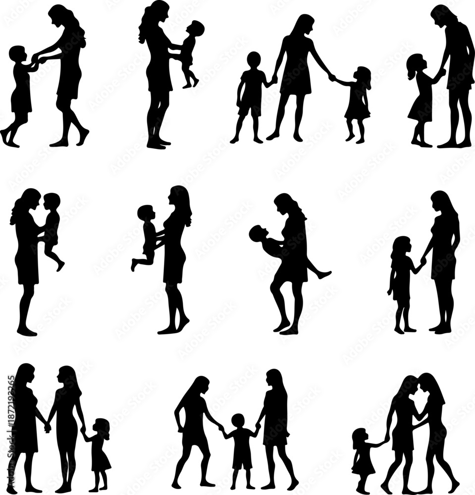 Fototapeta premium Mother and Child Silhouette Family Bond Illustration