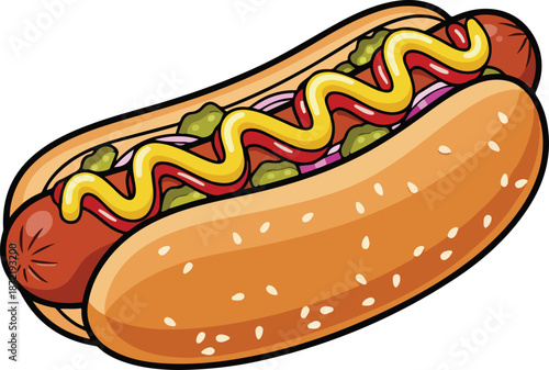 Classic Hot Dog with Mustard, Ketchup, Relish, and Onions on a Sesame Seed Bun, a Delicious Fast Food Snack or Meal Illustration