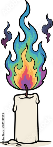 Vibrant Rainbow Flame Candle Illustration, a Whimsical and Magical Graphic Design of a Lit Wax Candle with Colorful Fire and Wisp Smoke