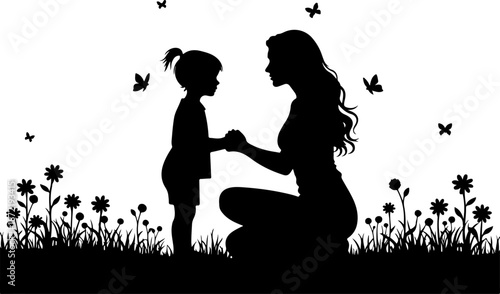 Mother and Child Silhouette in Nature with Butterflies