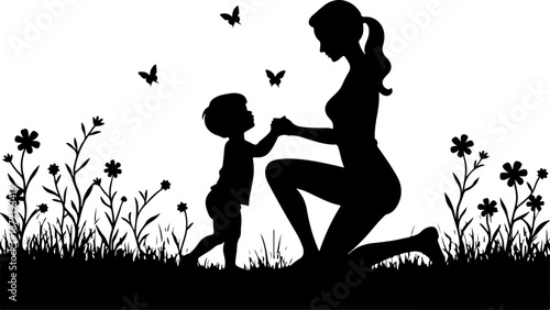 Mother and Child Silhouette in Nature with Butterflies