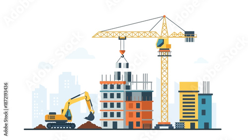 Heavy Machinery at Construction Site Illustration, Tower Crane Lifting Materials and Excavator Digging Foundation for High-Rise Building in City