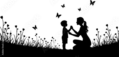Mother and Child Silhouette in Nature with Butterflies