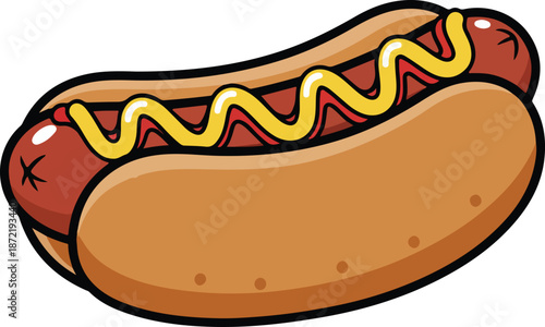 Happy Cartoon Hot Dog Illustration with Mustard on a Bun, Cute Fast Food Character Mascot.