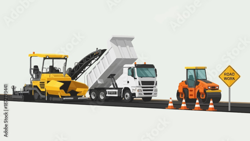 Heavy Duty Road Paving Machinery Illustration, Asphalt Paver Finisher, Tipper Truck and Road Roller Working on Highway Construction Project