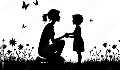 Mother and Child Silhouette in Nature with Butterflies