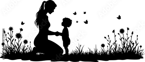 Mother and Child Silhouette in Nature with Butterflies