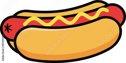 Cartoon Hot Dog with Mustard Illustration - Classic American Fast Food Snack Icon
