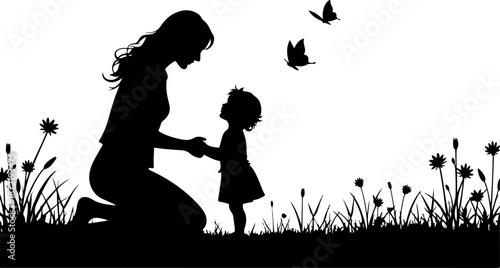 Mother and Child Silhouette in Nature with Butterflies