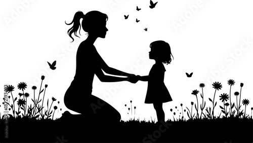 Mother and Child Silhouette in Nature with Butterflies