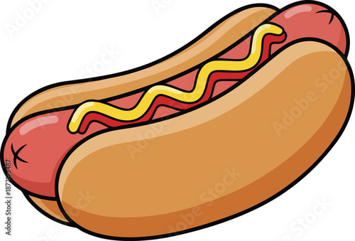 Classic Hot Dog with Mustard Isolated on White Background - Cartoon Fast Food Snack, Frankfurter, or Wiener Illustration
