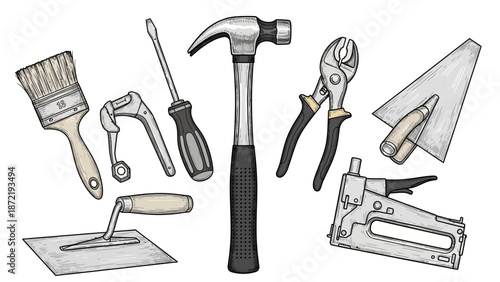 Hand Tools Collection for Construction and Carpentry Illustration, Hammer, Screwdriver, Pliers, Brush, Trowel and Staple Gun Vector Set