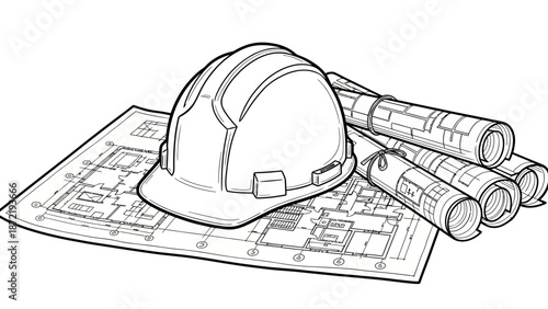Safety Hard Hat on Architectural Blueprints Illustration, Construction Planning and Engineering Project Concept Line Art Vector Isolated on White