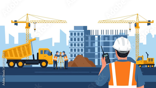Construction Site Vector Illustration with Heavy Machinery, Cranes, and Engineers Working on Industrial Building Development in Modern City Background