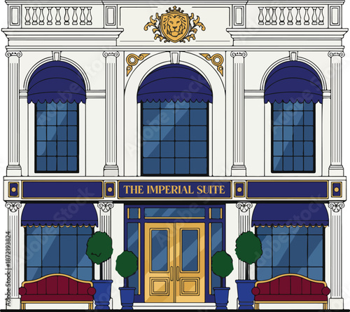 Elegant Imperial Suites Hotel Facade Illustration with Blue Awnings, Golden Details, and Classic Architecture, ideal for Luxury Accommodation or Boutique Hotel concepts