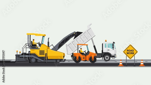 Road Paving Construction Site with Asphalt Paver, Dump Truck and Road Roller. Highway Infrastructure Development Vector Illustration.