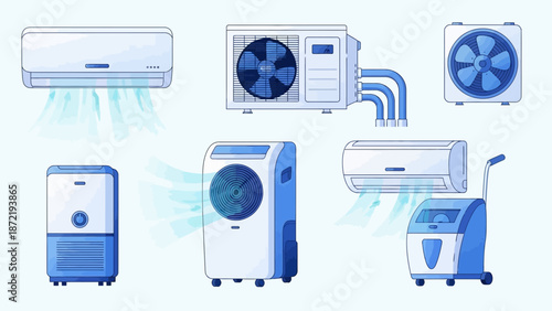 Assorted Modern Climate Control Appliances including Portable AC, Split Wall Units and Purification Devices. HVAC Home Office Cooling Equipment Set.
