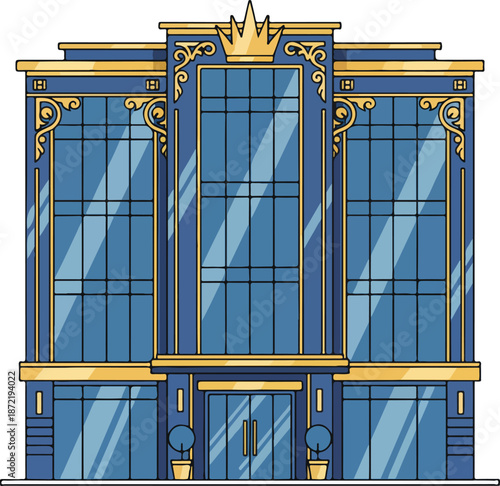  Modern luxurious corporate building vector illustration with blue glass facade, golden accents, and a royal crown design, perfect for business or hotel concepts