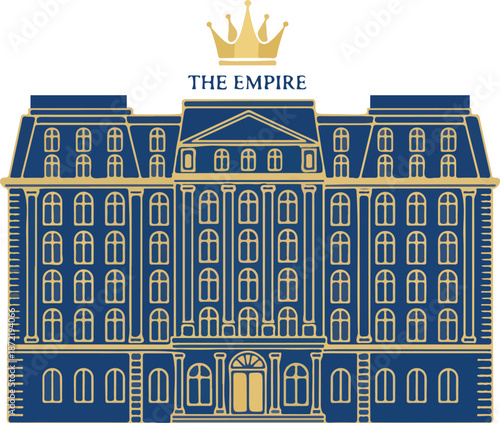 The Empire Luxury Building Illustration with Crown, Classic Architecture Design for Hotel, Real Estate or Premium Brand Logo