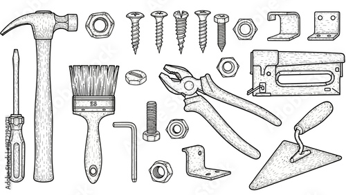 Detailed Hand Tools and Hardware Parts Collection Line Art Drawing with Hammer, Pliers, Screws, and Brushes for DIY and Construction Concepts.