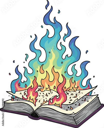 Vibrant Rainbow Fire Burning Open Book Illustration, Concept of Censorship, Knowledge Destruction, or Magical Transformation