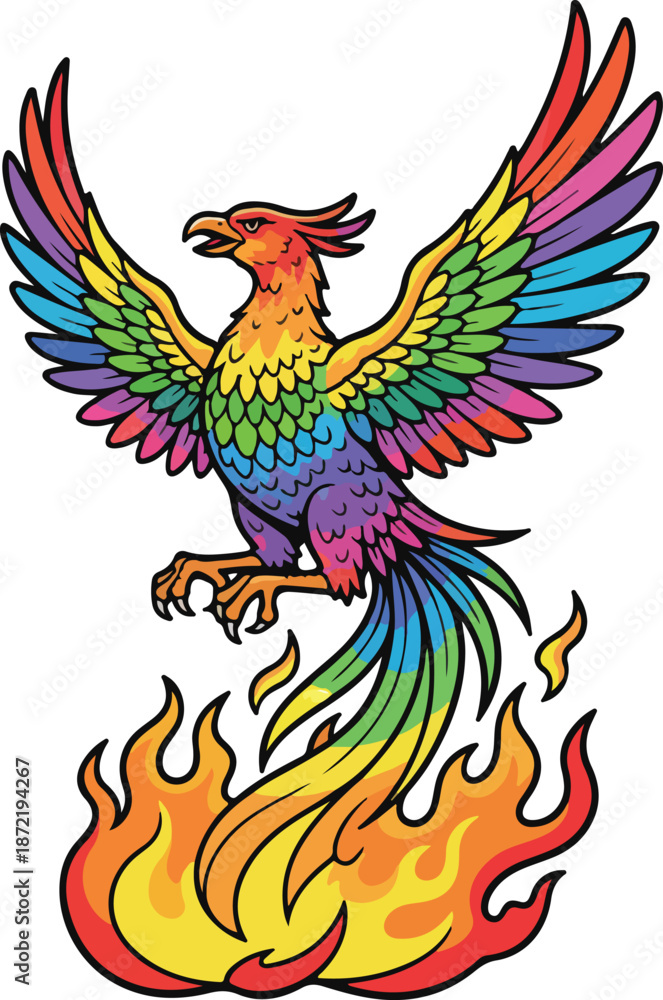 Fototapeta premium Vibrant Rainbow Phoenix Rising from Fiery Flames - Majestic Mythical Bird of Rebirth, Renewal, and Power with Spreading Wings 