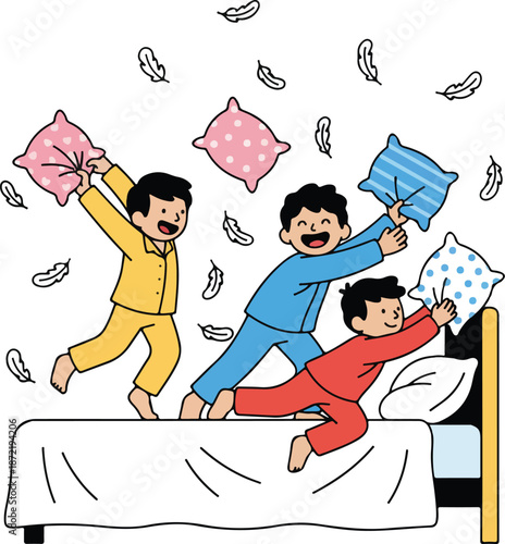 Three cheerful boys in pajamas having an energetic pillow fight on a bed, with feathers flying around, depicting childhood fun and sleepover joy