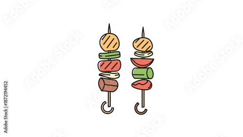 A simple, colorful illustration of two barbecue skewers with grilled meat and vegetables, perfect for a BBQ party or menu icon.