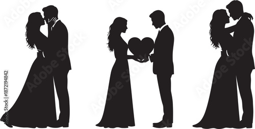 Silhouettes of romantic couples in various poses and formal attire