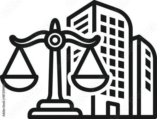 Law and justice scale icon in front of a building