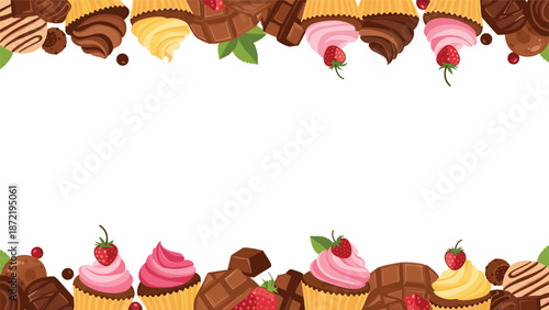 A delicious and decorative horizontal border made of assorted cupcakes, chocolate bars, candies, and fresh strawberries, leaving ample white space for custom text.