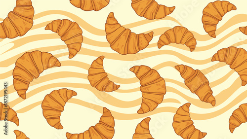 A seamless repeating pattern of freshly baked, golden-brown croissants scattered over a light background with pale yellow wavy stripes.
