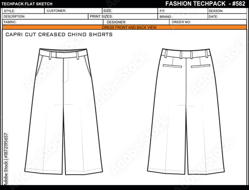 CAPRI CUT CREASED CHINO SHORTS EASY EDITABLE EMPTY TECHPACK LAYOUT TEMPLATE DESIGN