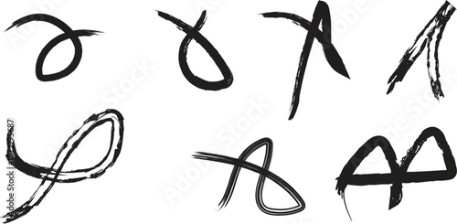 Six hand drawn letters or symbols in a two row layout