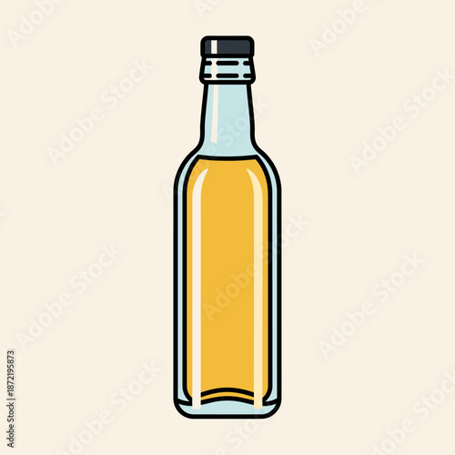 Simplified Cartoon Illustration of a Glass Bottle with Label and Cap, Suitable for Beverage, Food Packaging, or Advertising Themes