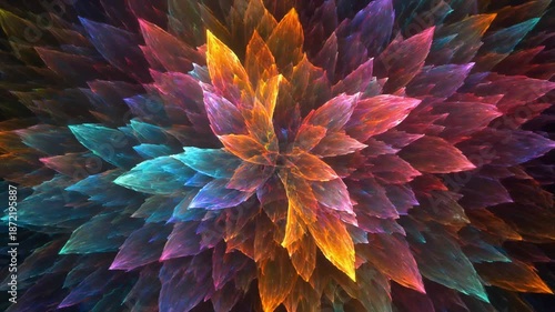 Hypnotic Abstract Fractal Flower Petal Pattern Background Loop with Vivid Rainbow Colors and Energy Bursting from the Center.