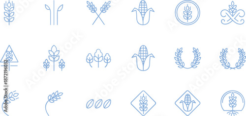 Set of light blue linear icons featuring wheat stalks, corn cobs, and grain wreaths for agricultural and farming designs.