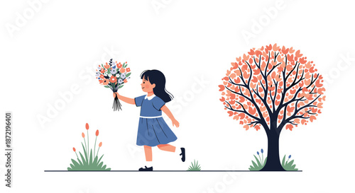 Cheerful young girl in a blue dress happily carrying a colorful bouquet of flowers through a spring garden with a blooming tree.