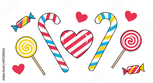 Colorful assortment of sweet treats and holiday candies including lollipops candy canes and hearts for a festive celebration.