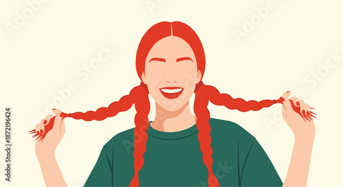Cheerful young woman with vibrant red braided hair smiling broadly and holding her long pigtails in a playful and happy pose.