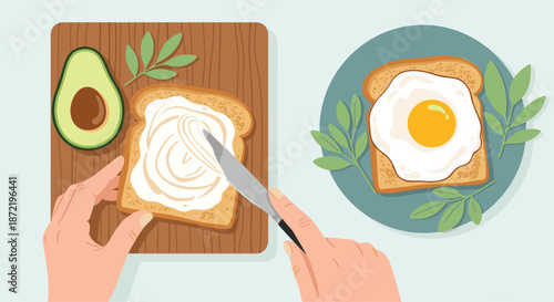 Overhead view of a person preparing a healthy breakfast with cream cheese on toast alongside a fried egg and fresh avocado.