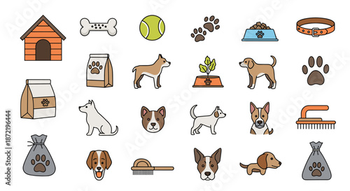 Large collection of dog care icons and pet supply symbols featuring various breeds grooming tools food and play accessories.