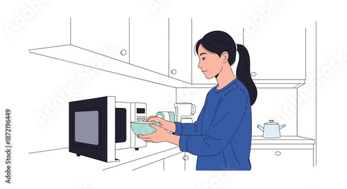 Young woman using a microwave oven in a modern kitchen setting to heat up a meal or prepare a healthy quick snack at home.