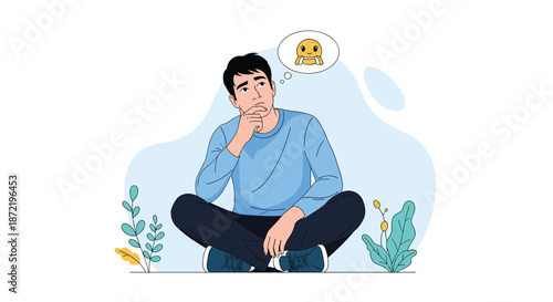 Young man sitting on the ground and looking up at a speech bubble featuring a small bee symbol in a garden setting.