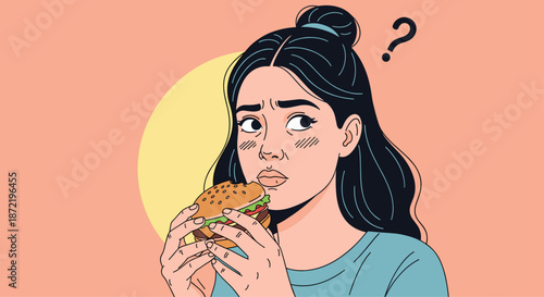 Young woman looking hesitantly at a hamburger while a question mark suggests she is questioning her food choices or diet.