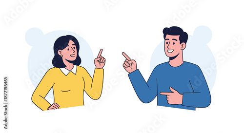 Man and woman gesturing and pointing during a friendly conversation or presentation illustrating communication and social interaction.